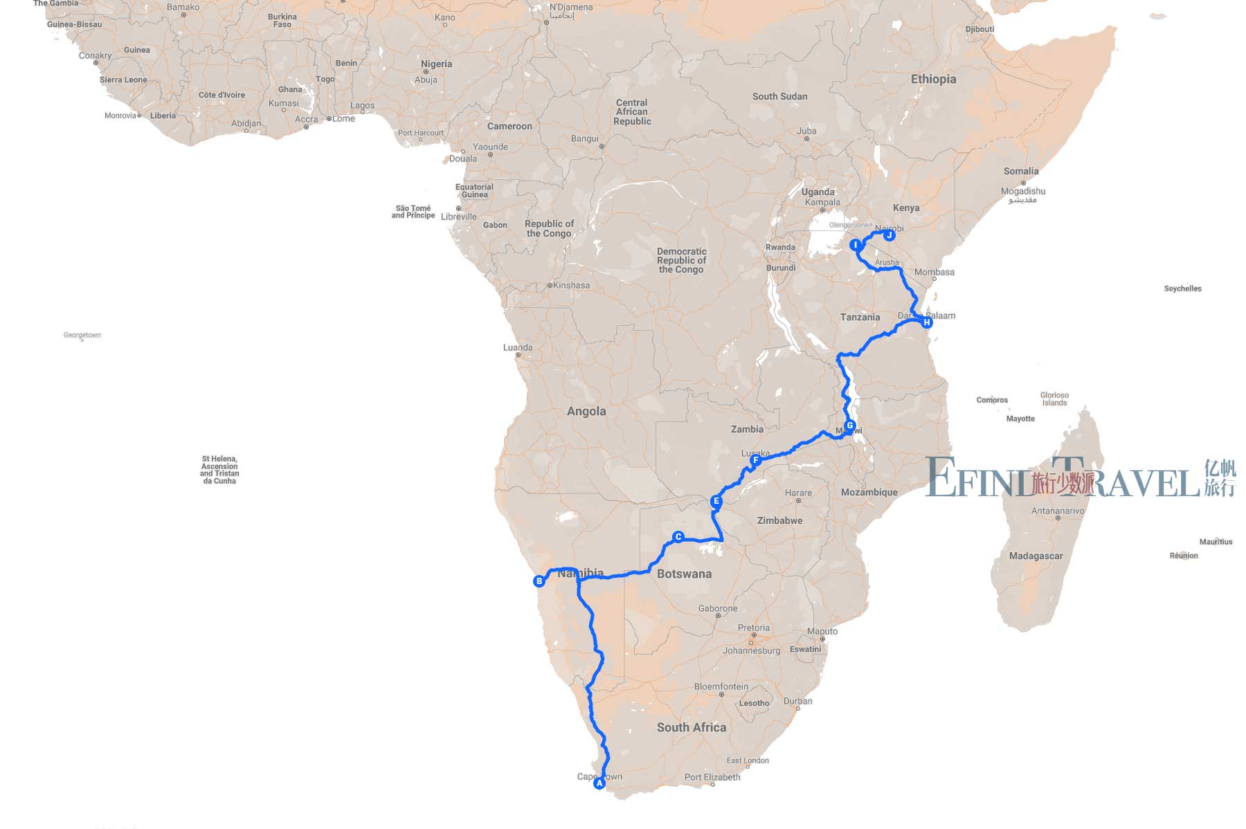 穿越非洲多国连线拼团旅游43天地图