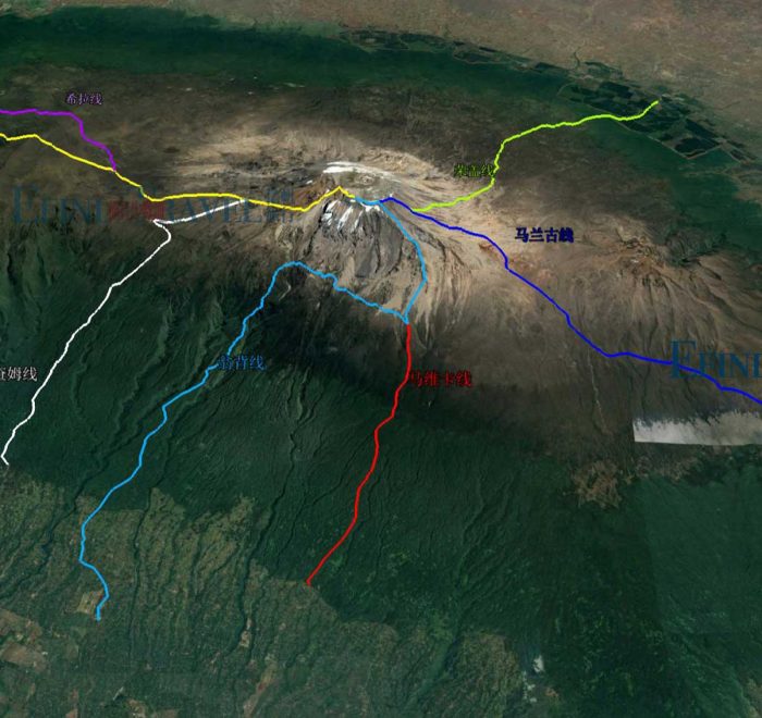 乞力马扎罗山的登顶线路地图