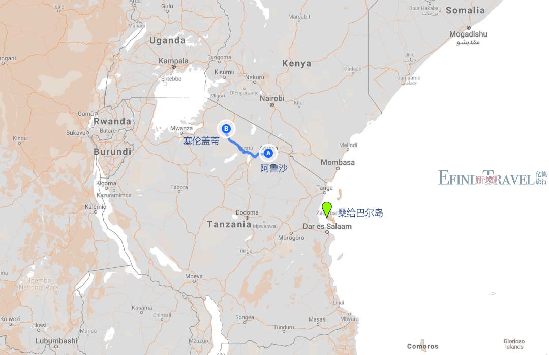 坦桑尼亚海陆双拼七7日游地图